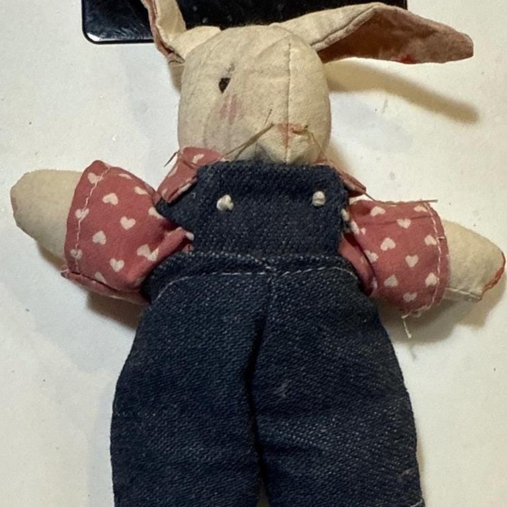 Vintage Handmade Bunny Rabbit Plush Doll Blue Denim Overalls Red Heart Shirt